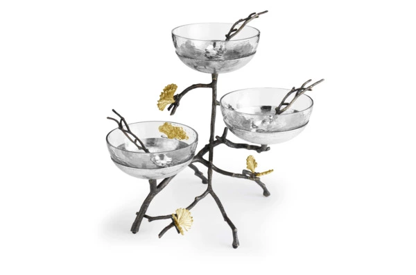 Чаши с ложками на подставке Michael Aram Бабочки гинкго, сталь нержавеющая, 3 шт, чаша 15 см