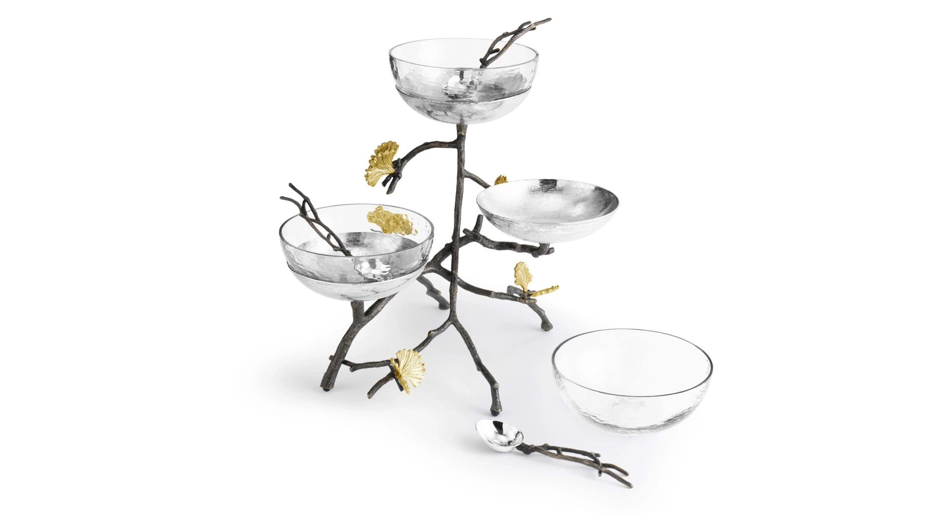 Чаши с ложками на подставке Michael Aram Бабочки гинкго, сталь нержавеющая, 3 шт, чаша 15 см