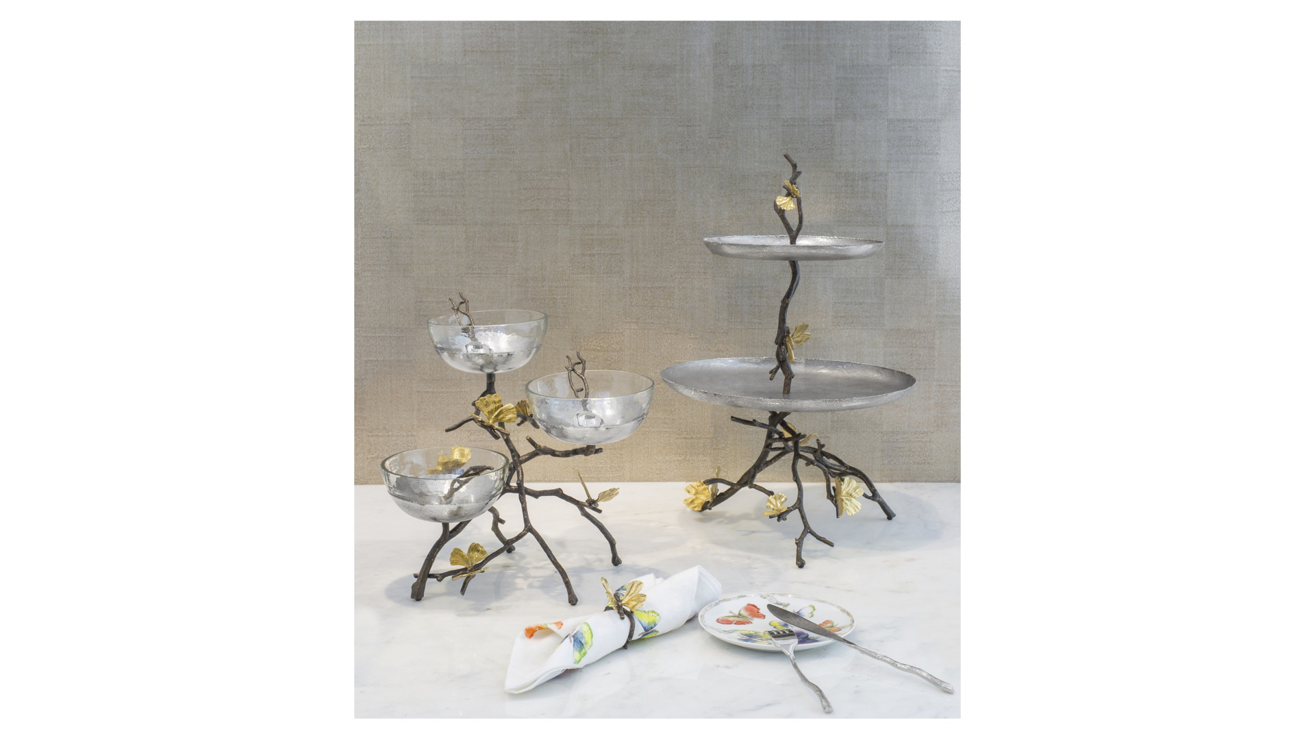 Чаши с ложками на подставке Michael Aram Бабочки гинкго, сталь нержавеющая, 3 шт, чаша 15 см, подста