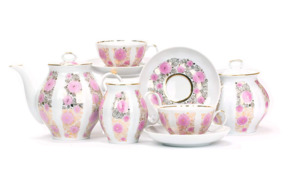 Сервиз чайный Дулевский фарфоровый завод Белый лебедь Розовый сад на 6 персон 15 предметов, фарфор