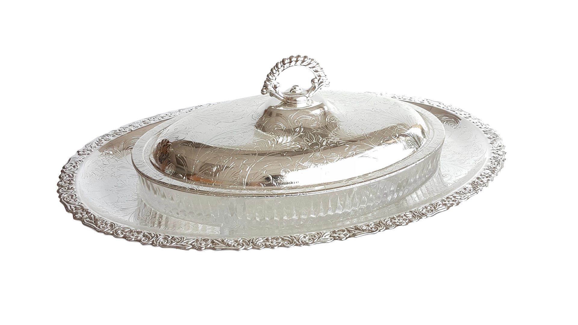 Блюдо овальное с крышкой Queen Anne 40х26х13 см, на подставке, сталь, посеребрение