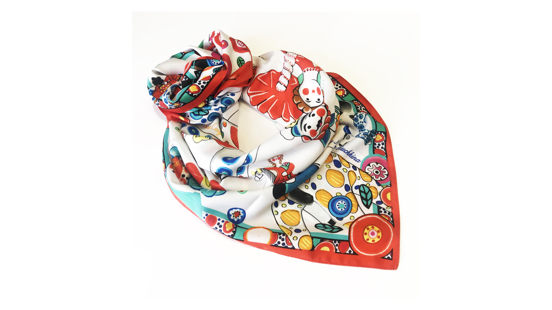 Платок сувенирный Русские в моде Дымковская игрушка 90х90 см, шелк, вискоза, машинная подшивка