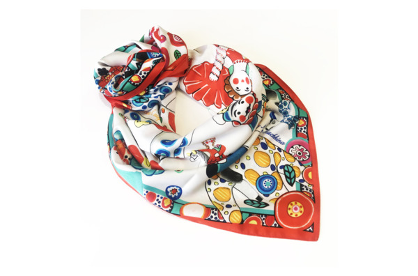 Платок сувенирный Русские в моде Дымковская игрушка 90х90 см, шелк, вискоза, ручная подшивка