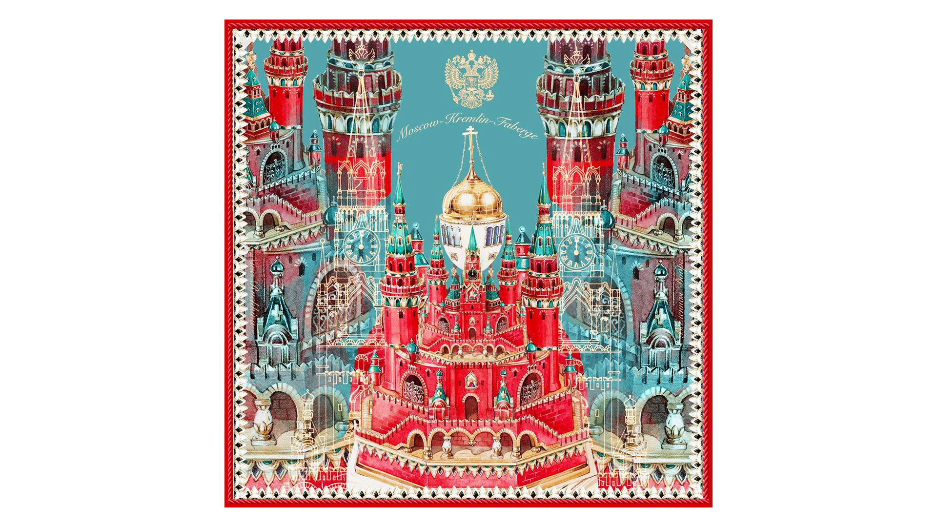 Платок сувенирный Русские в моде Москва Кремль Фаберже 90х90 см, шелк, машинная подшивка