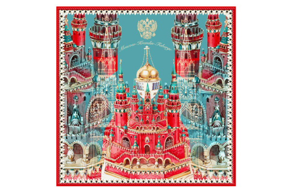 Платок сувенирный Русские в моде Москва Кремль Фаберже 90х90 см, шелк, машинная подшивка