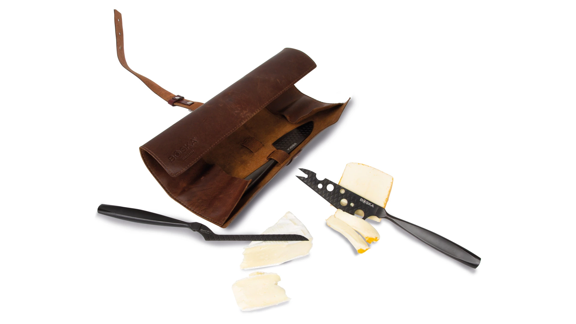 Набор ножей для твердого и полутвердого сыра Boska Монако+ 28 см, 3 шт, чёрный, в кожаном чехле