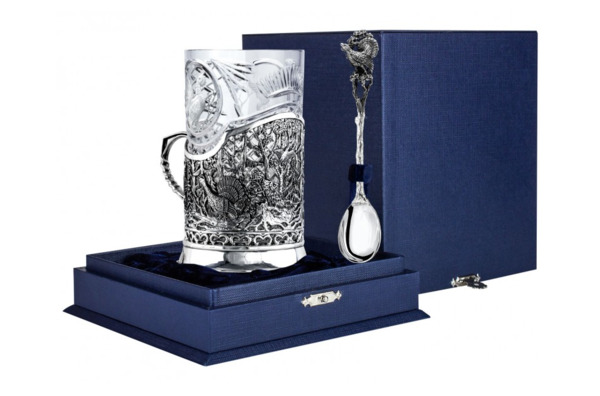 Набор чайный в футляре АргентА Classic Глухариная охота 238,3 г, 3 предмета, серебро 925