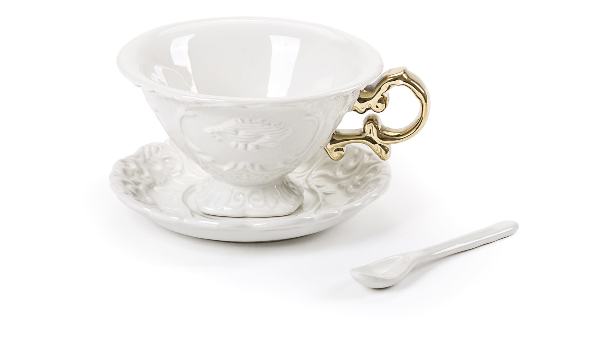 Чашка с блюдцем и ложечкой Seletti Ай-Изделия 13см, белая с золотистой ручкой