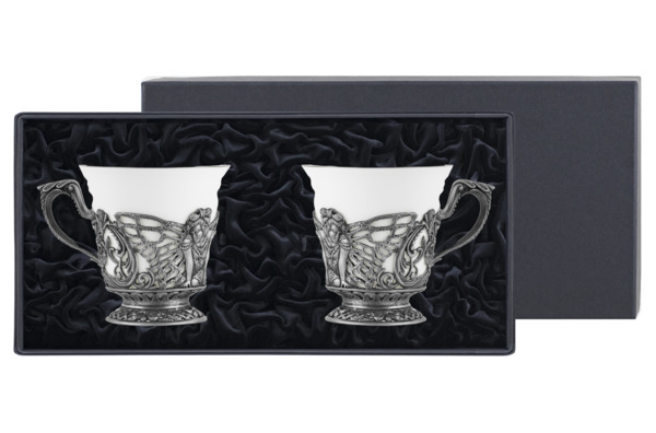 Набор чайный в футляре Кольчугинский мельхиор Фея, чашка чайная и ложка, 4 предмета, серебро 925