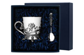 Чашка чайная с ложкой в футляре АргентА серебро 925 и Фарфор Цветочная 131,6 г, серебро 925