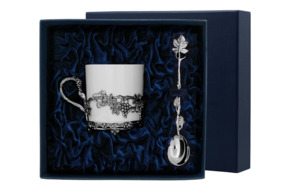 Чашка чайная с ложкой в футляре Аргента Серебро и Фарфор Виноград 113,3 г, серебро 925