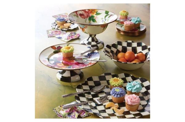 Блюдо сервировочное на подставке Mackenzie-Childs Flower Market 30 см, сталь нержавеющая, белый