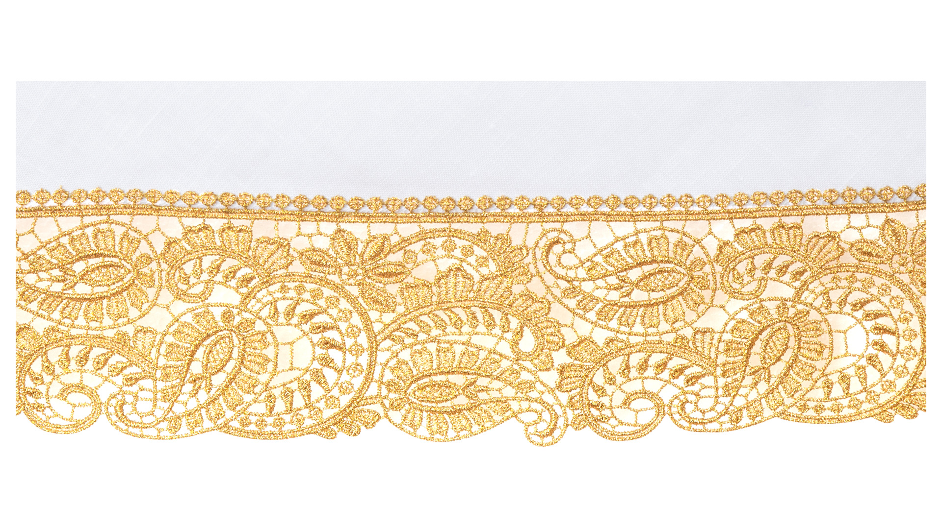 Скатерть Weissfee Венеция круглая 250 см, белая, вышивка античное золото
