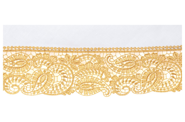 Скатерть Weissfee Венеция круглая 250 см, белая, вышивка античное золото