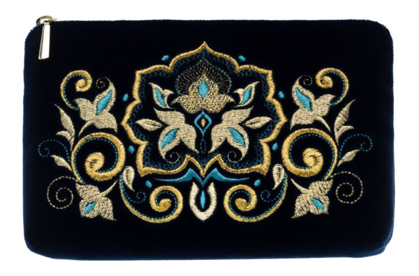 Косметичка бархатная Торжокские золотошвеи "Каменный цветок", синяя, 13х18,5см