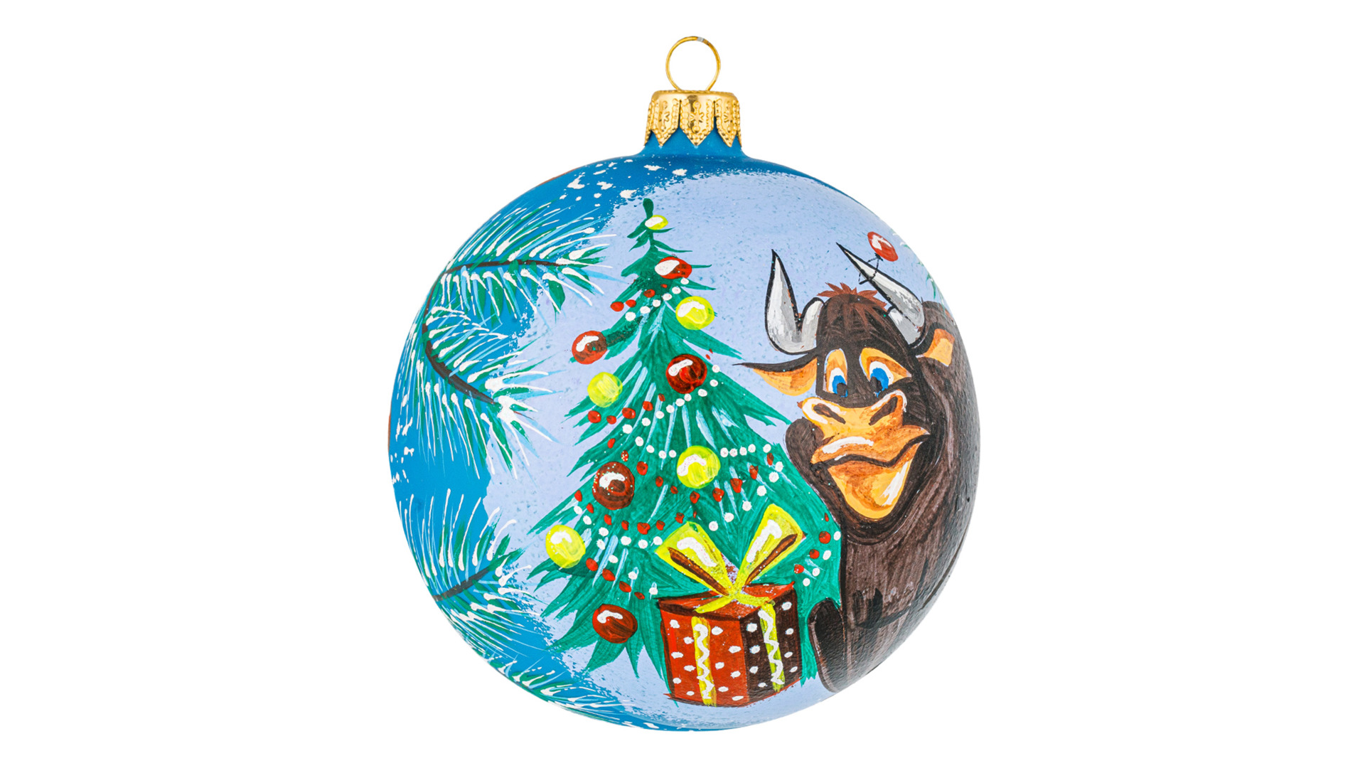 Игрушка елочная шар Bartosh Бычок у новогодней елки, стекло