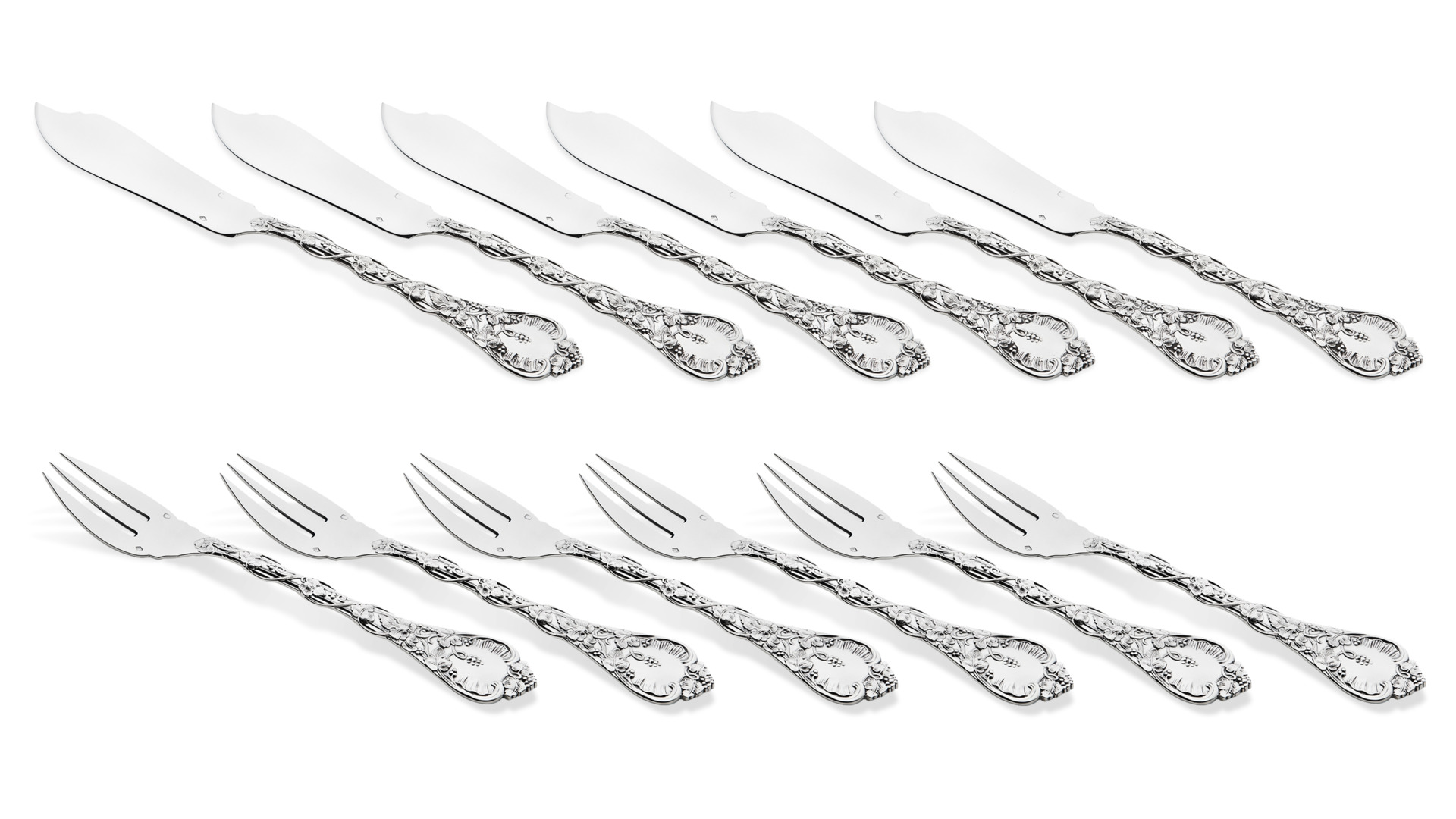 Набор из 6 вилок и 6 ножей для рыбы Odiot "Демидофф" 18,7см (серебро 925)