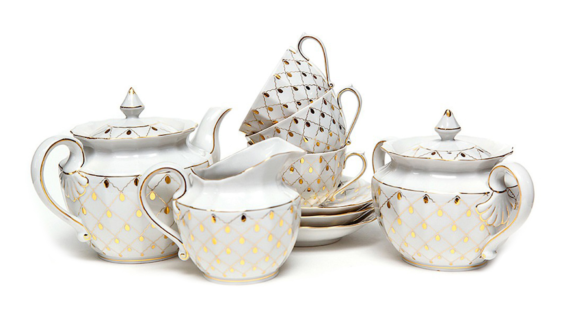 Сервиз чайный Франц Гарднер в Вербилках Золотая вуаль на 6 персон 15 предметов, фарфор твердый