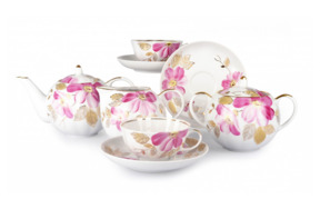 Сервиз чайный Дулевский фарфоровый завод Тюльпан Пурпуровый цветок на 6 персон 15 предметов, фарфор