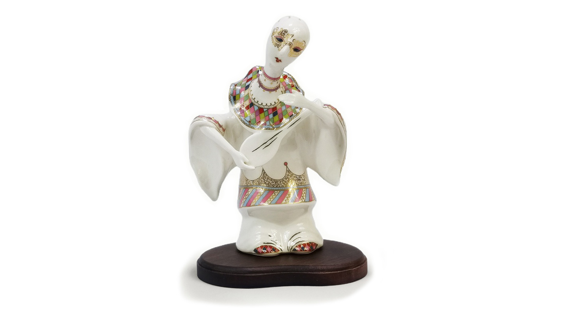 Скульптура АМК Пьеро с мандолиной на деревянной подставке 23 см, фарфор твердый
