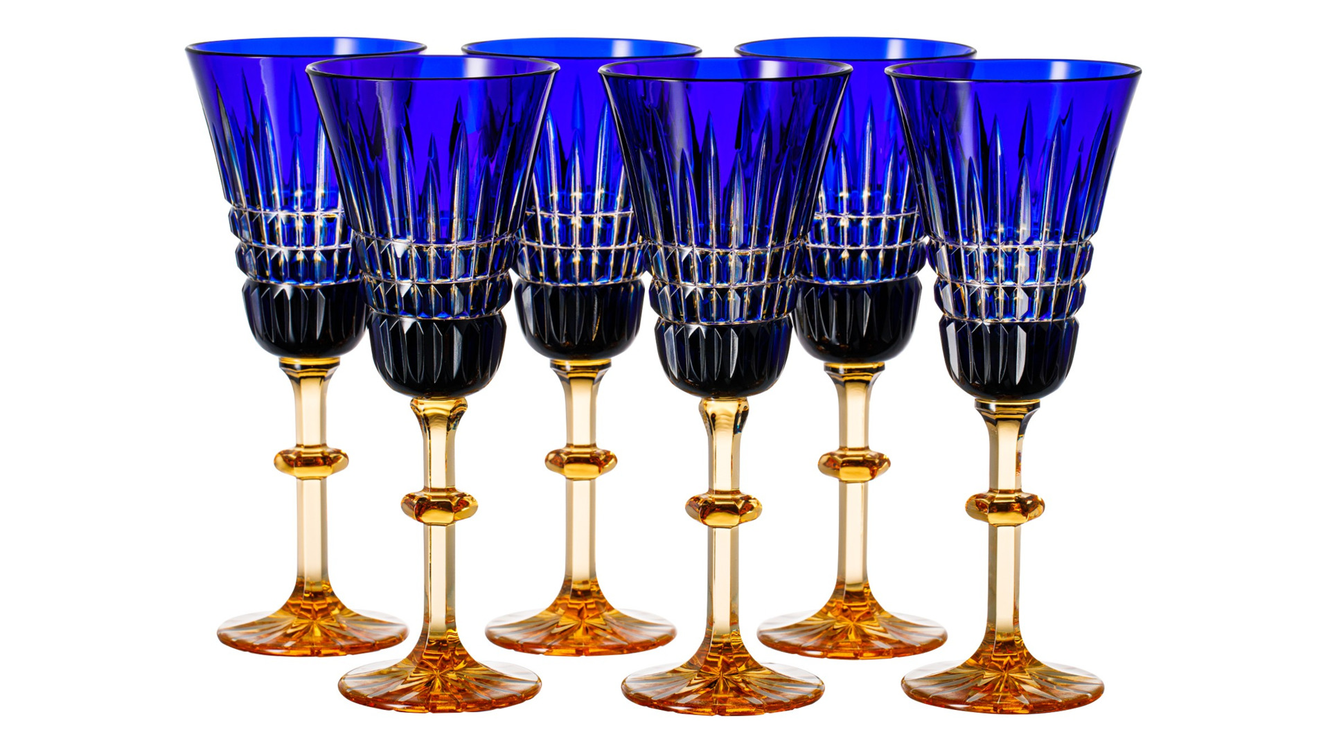 Набор бокалов для шампанского ГХЗ Лилия Медовый спас 225 мл, 6 шт, хрусталь, янтарно-синий