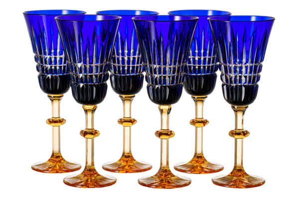 Набор бокалов для шампанского ГХЗ Лилия Медовый спас 225 мл, 6 шт, хрусталь, янтарно-синий