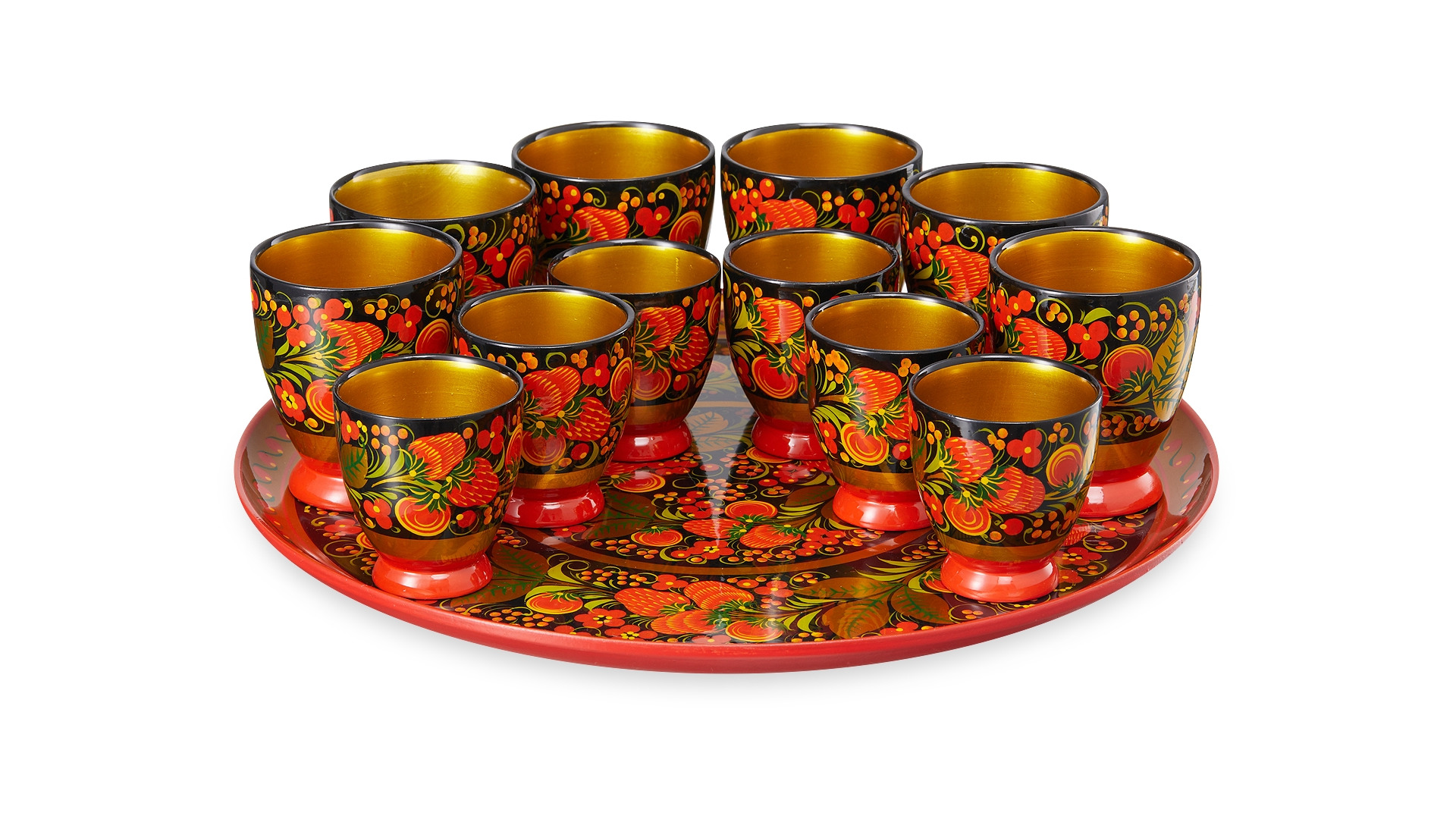 Набор для сервировки напитков Золотая хохлома (тарелка-панно, бокалы), 13 предметов, дерево