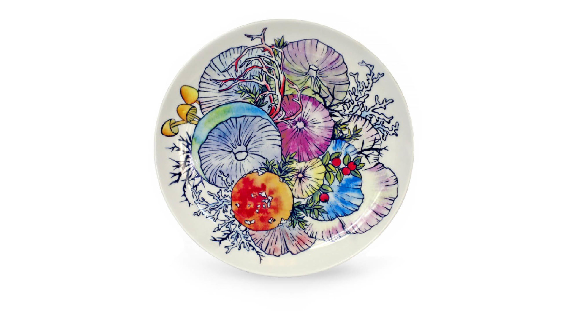 Тарелка декоративная АМК Цветные грибы 30 см, фарфор твердый