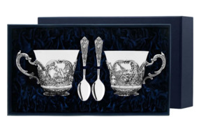 Набор чайный в футляре АргентА Серебро и Фарфор Королевская охота 353,06 г, 4 предметов, серебро 925