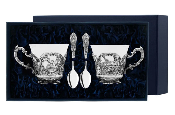 Набор чайный в футляре АргентА Королевская охота 353,06 г, 4 предметов, серебро 925