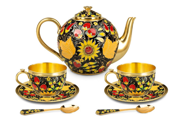 Сервиз чайный Русские самоцветы Хохлома 1713,20 г, на 2 персоны 7 предметов, серебро 925