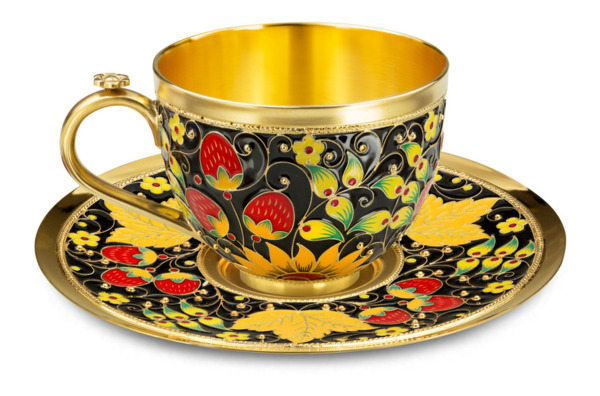 Сервиз чайный Русские самоцветы Хохлома 1713,20 г, на 2 персоны 7 предметов, серебро 925