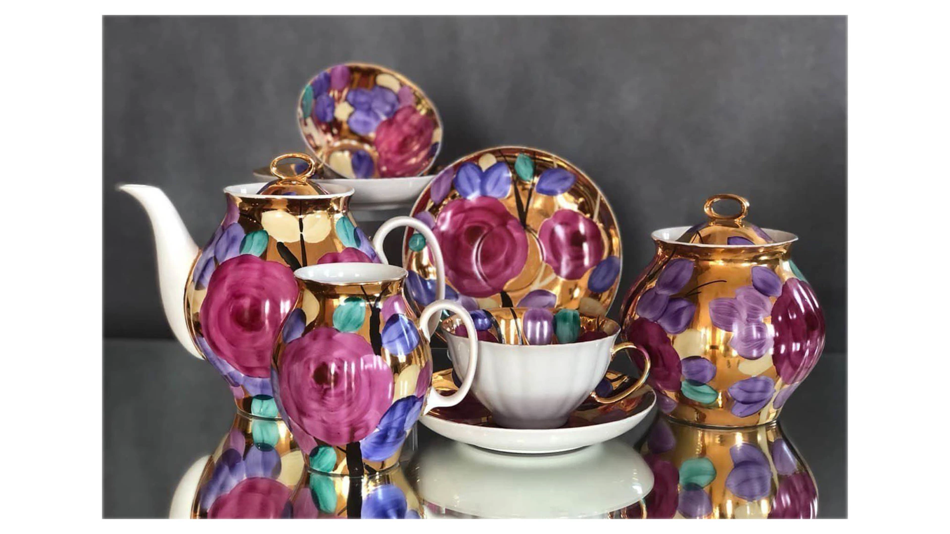 Сервиз чайный Дулевский фарфоровый завод Белый лебедь Поздний вечер на 6 персон 15 предметов, фарфор