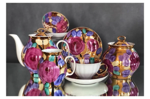 Сервиз чайный Дулевский фарфоровый завод Белый лебедь Поздний вечер на 6 персон 15 предметов, фарфор