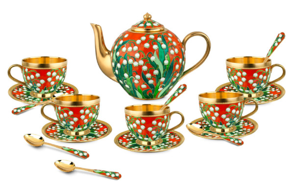 Сервиз чайный Русские самоцветы Ландыши 3401,96 г, на 6 персон 19 предметов, серебро 925, позолота