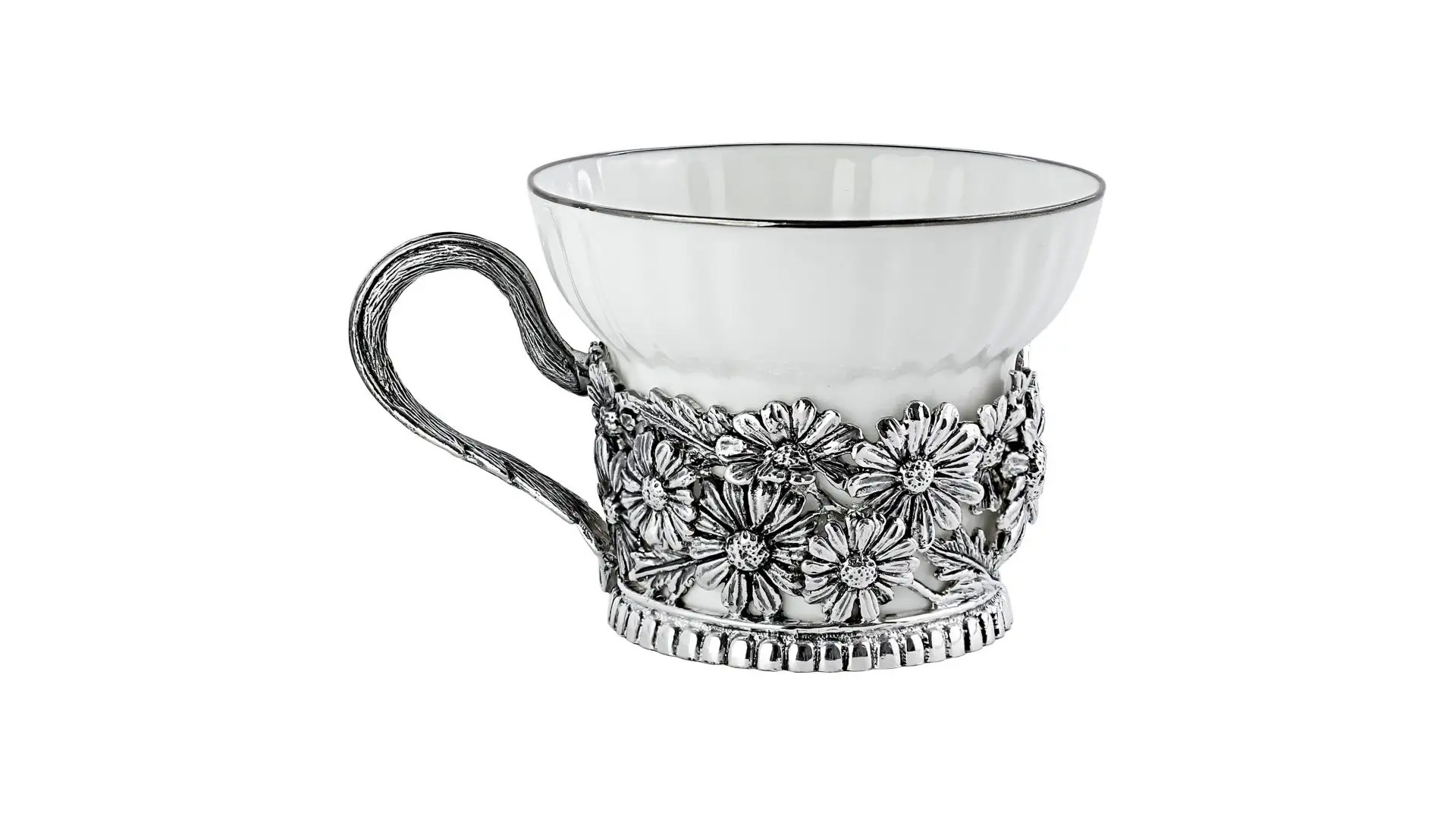 Чашка чайная с ложкой в футляре Кольчугинский мельхиор Ромашки, 4 предмета, латунь, посеребрение