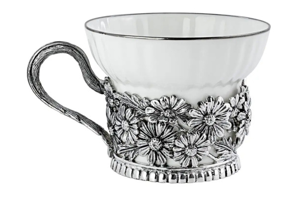 Чашка чайная с ложкой в футляре Кольчугинский мельхиор Ромашки, 4 предмета, латунь, посеребрение