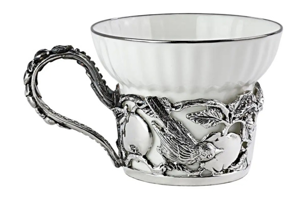 Чашка чайная с ложкой в футляре Кольчугинский мельхиор Яблочный спас, 2 предмета, латунь, посеребрен
