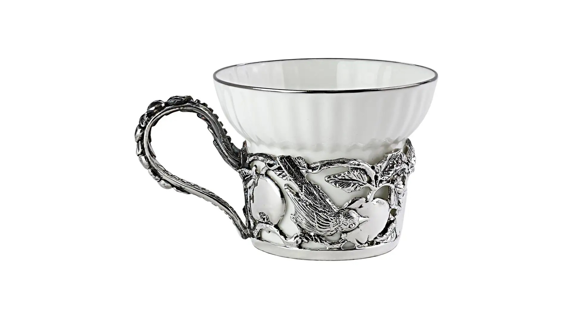 Чашка чайная с ложкой в футляре Кольчугинский мельхиор Яблочный спас, 4 предмета, латунь, посеребрен