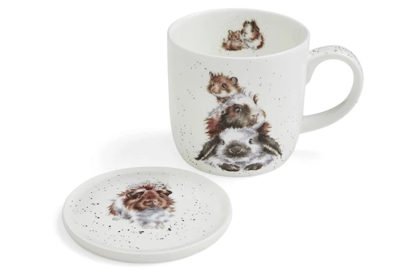 Кружка с подставкой Royal Worcester Забавная фауна Свинка посередке 310 мл, фарфор костяной, п/к