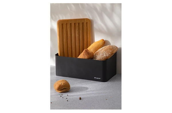 Хлебница с крышкой-доской Legnoart Crispy 40х20,5х17,5 см, крышка из дуба, металл, черная