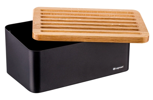 Хлебница с крышкой-доской Legnoart Crispy 40х20,5х17,5 см, крышка из дуба, металл, черная