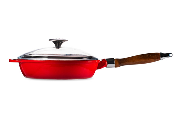 Сковорода с крышкой LAVA d24 см, 2 л, съемная деревянная ручка, чугун, красная
