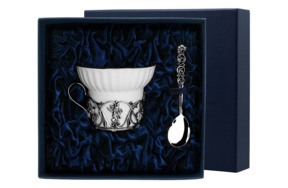 Чашка чайная с ложкой в футляре АргентА Серебро и Фарфор Ангел 68,15 г, 2 предмета, серебро 925