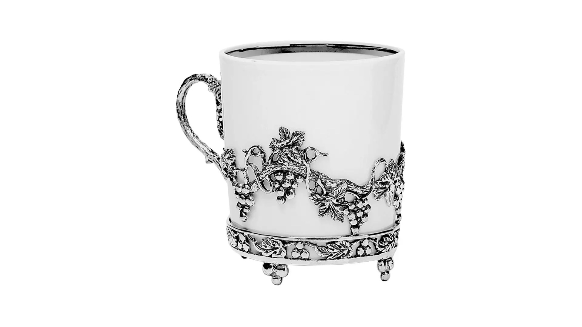 Чашка чайная с ложкой в футляре АргентА Серебро и Фарфор Виноград 106,76 г, серебро 925