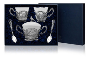 Набор чайный в футляре АргентА Серебро и Фарфор Королевская охота 645,92 г, 5 предметов, серебро 925