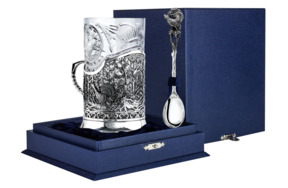 Набор чайный в футляре АргентА Classic Глухариная охота 237,64 г, 3 предмета, серебро 925