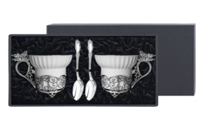 Набор чайный в футляре Кольчугинский мельхиор Бабочки, 4 предмета, латунь, посеребрение с чернением