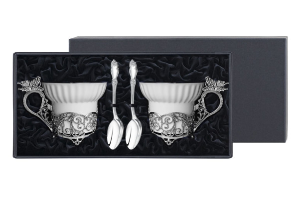 Набор чайный в футляре Кольчугинский мельхиор Бабочки, 4 предмета, латунь, посеребрение с чернением