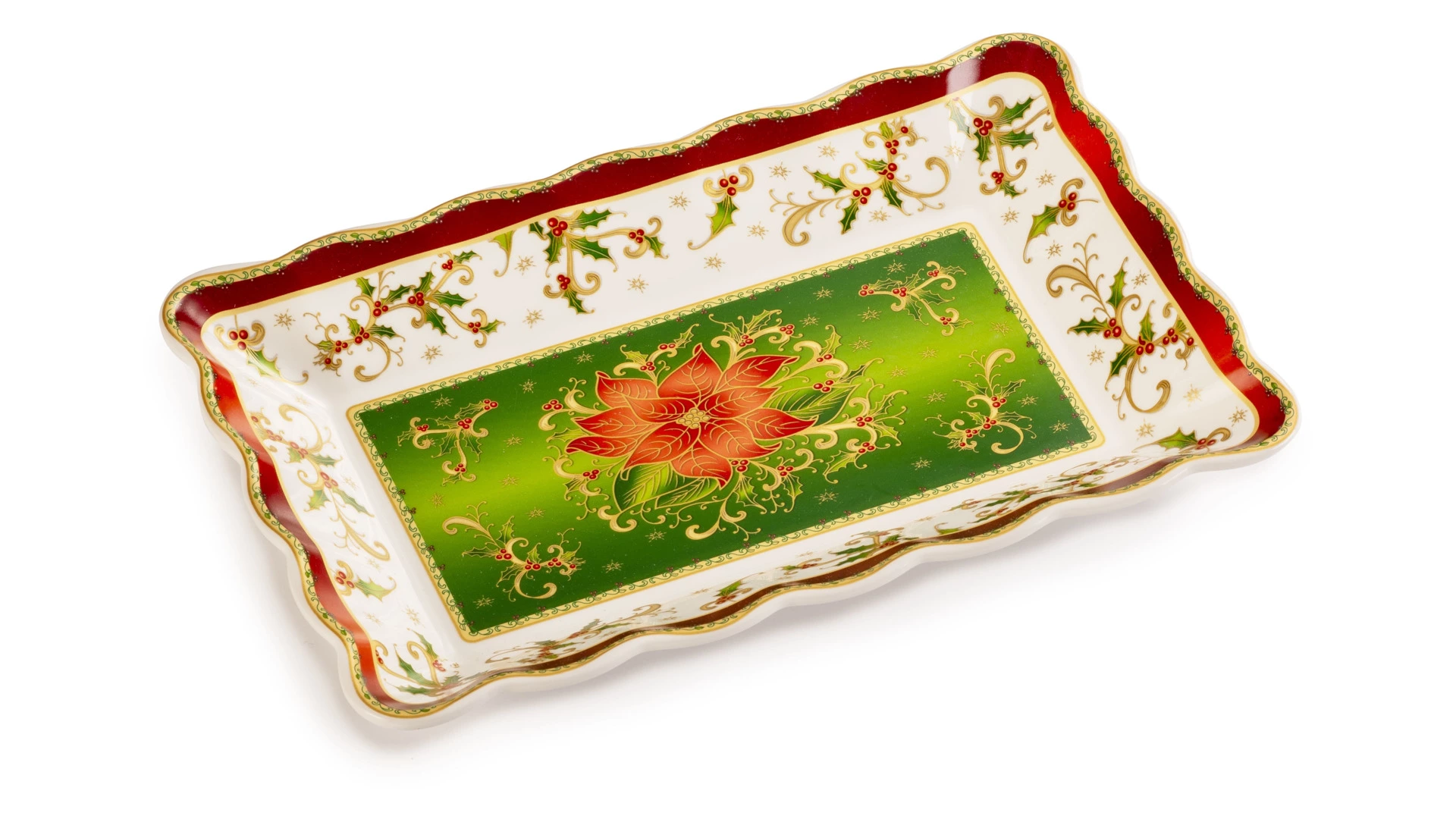 Блюдо прямоугольное Lamart Palais Royal Рождественская звезда 32х21 см, борт волна, фарфор
